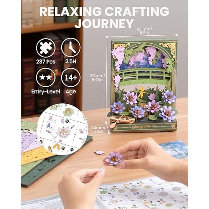 3D WOODEN PUZZLE FOR ADULTS KIDS WITH LED LIGHT, FLOWER MODEL KITS, TABLETOP DISPLAY, WALL ART DECO, PUZZLE GIFTS FOR WOMEN MEN TH001 WATER LILY - Image 2